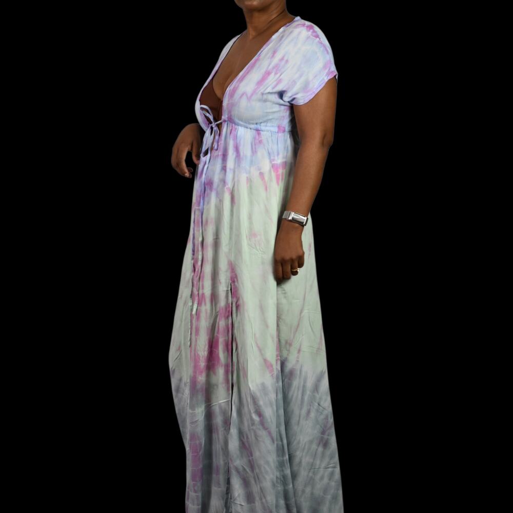 Pastel Tie Dye Maxi Swim Coverup Dress Blue Open Front Plunge Thigh Patio Small - Picture 3 of 14